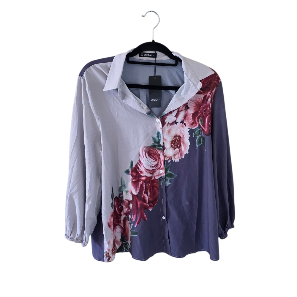 Sheilay Purple, Grey, White, and Green Floral Button-Up Blouse.